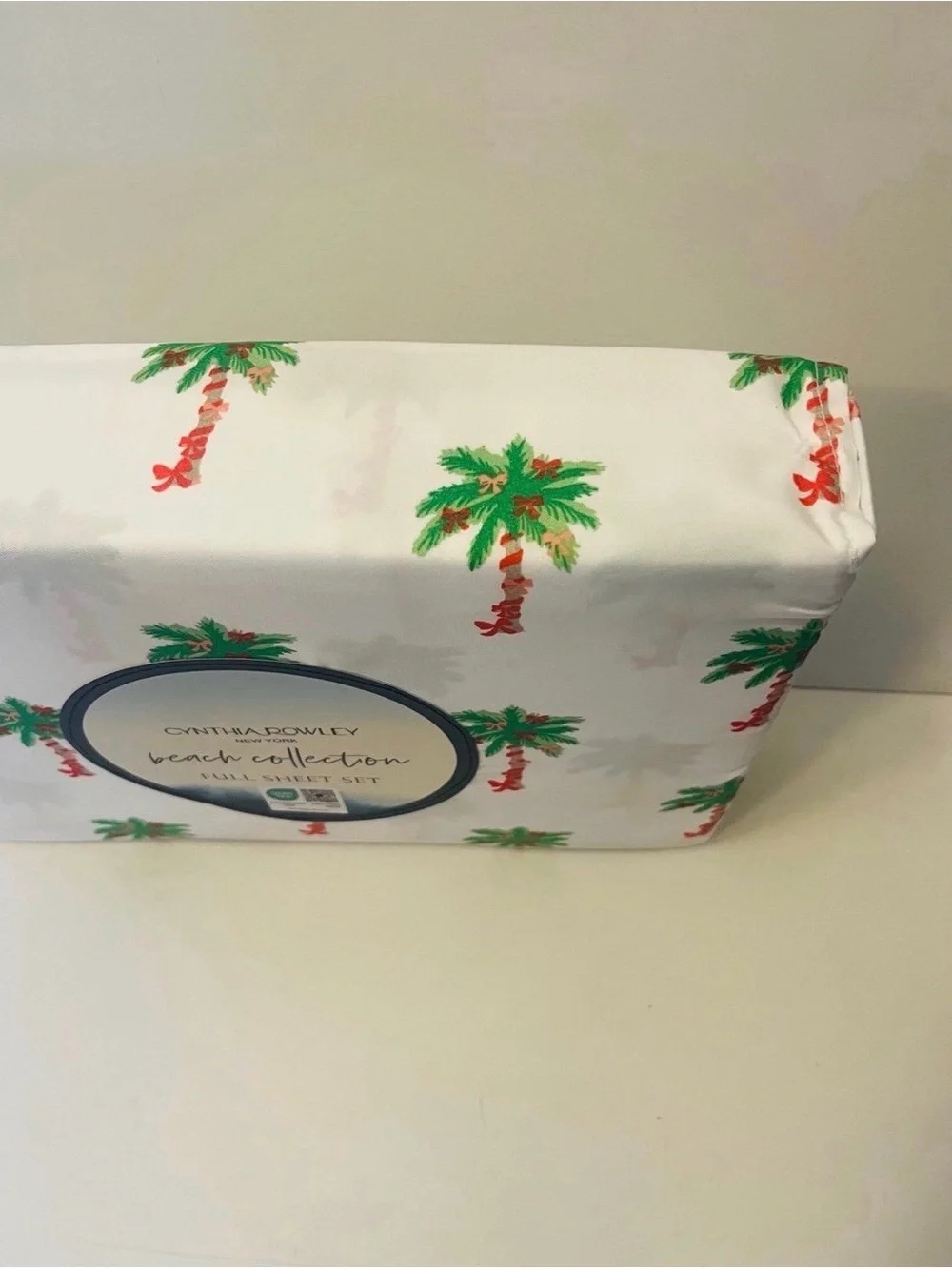 Cynthia Rowley Beach Collection Full Size Sheet Set Bows on Palm Trees
